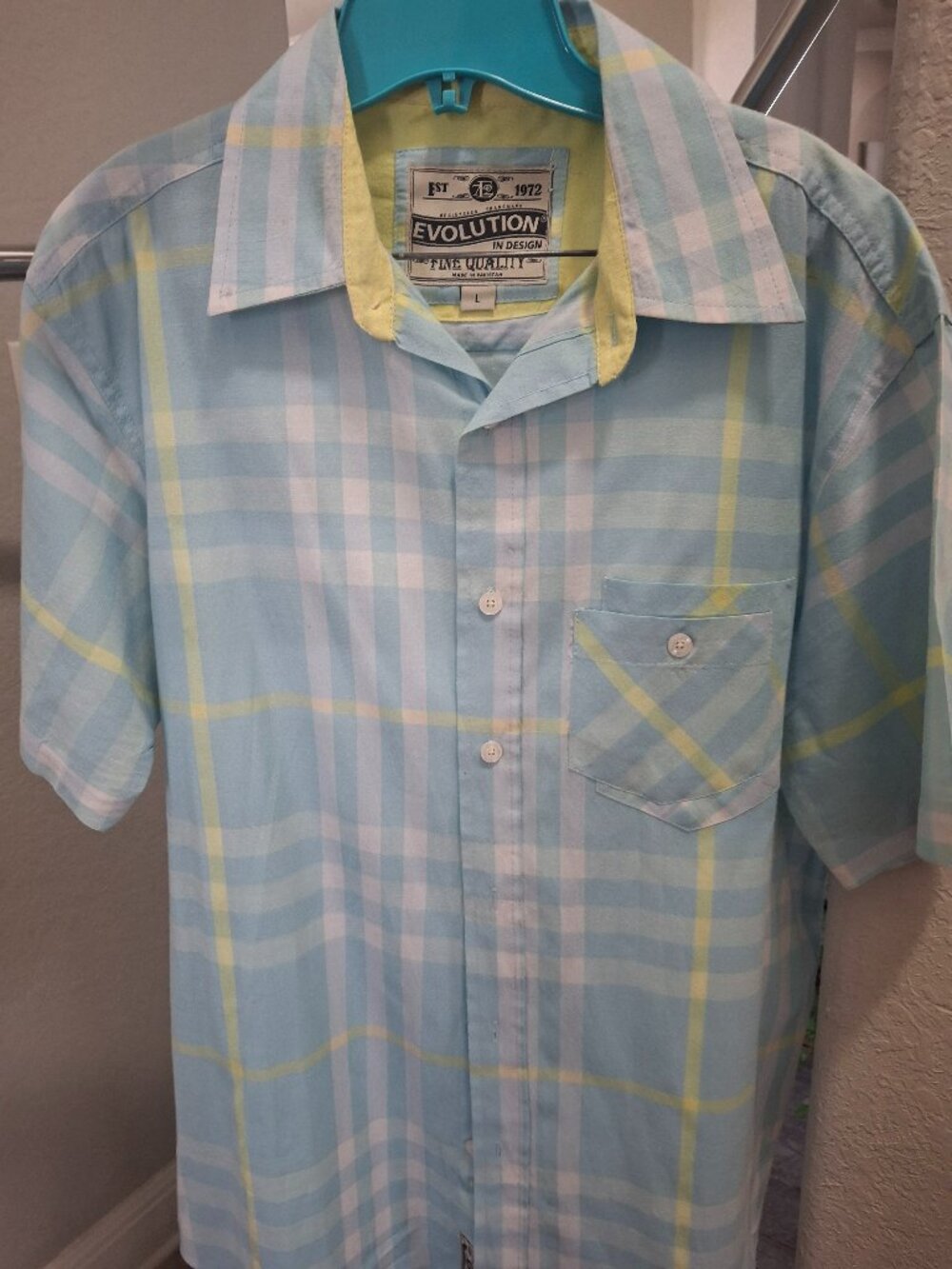 EST 172 Evolution , Men's large shirt, teal, yellow, and white color.